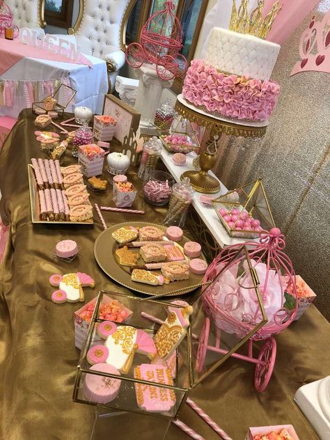 Princess Ja’loni is on her way!! | CatchMyParty.com A Princess Is On Her Way, Princess Dessert Table Treats, Pink Princess Party Food, Princess Theme Baby Shower Ideas, Princess Baby Shower Theme, Baby Shower Party, Disney Princess Baby Shower Ideas, Baby Shower Dessert, Baby Shower Party Ideas