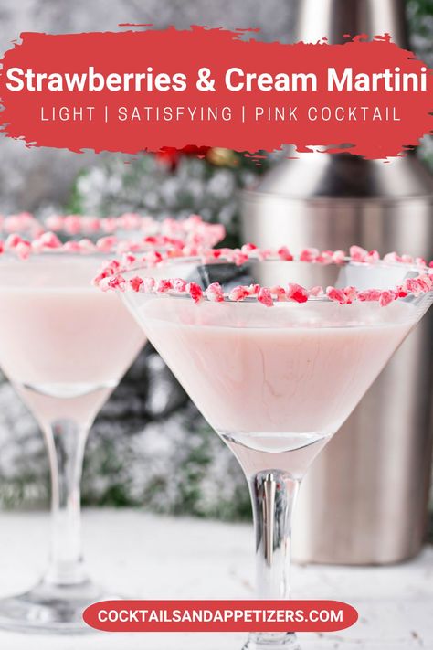 This Baileys Strawberries and Cream Vodka Martini is a pretty pink cocktail. A vodka martini perfect for date night, or Valentines Day. One of our favorite Baileys Strawberries and Cream drinks! Drinks With Baileys Strawberry And Cream, Baileys Valentines Day Drinks, Pink Squirrel Cocktail, Strawberry And Cream Cocktail, Pink Galentines Cocktails, Strawberry Cream Cocktail, Strawberries And Cream Baileys Drinks, Strawberry Baileys Recipes, Valentines Day Martini