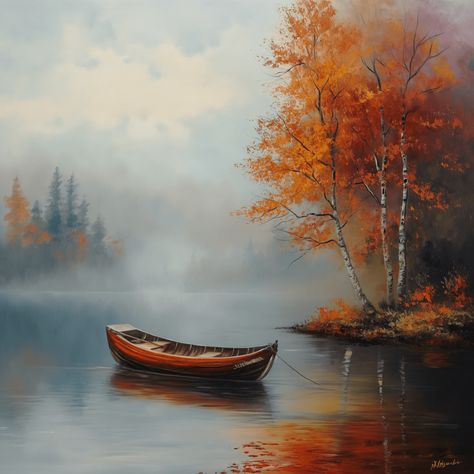 Autumn foggy lake Foggy Painting, Ship Oil Painting, Painted Scenery, Foggy Lake, Abstract Beach Painting, Lake House Wall Art, Abstract Ocean Painting, Oil Painting Digital, Reflection Painting