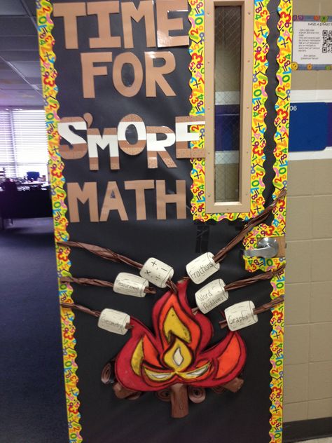 Pretty cute! Something to aspire to if I somehow am all fully organized and set by the day school starts. Math Classroom Door, Math Door Decorations, Room Door Ideas, Door Decorations Classroom Christmas, Math Bulletin Boards, Math Night, Math Classroom Decorations, Christmas Classroom Door, Camping Theme Classroom