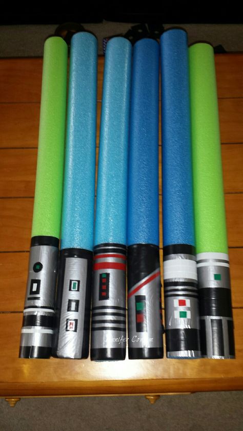 Pool noodle lightsabers Easy Star Wars Decorations, Pool Noodle Lightsaber, Star Wars Theme Birthday, Star Wars Party Decorations, Star Wars Party Games, Star Wars Themed Birthday Party, Diy Lightsaber, Obi One, Lightsaber Design