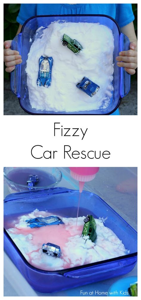 Vinegar-Free Fizzy Car Rescue! from Fun at Home with Kids Transportation Science, Transportation Activities, Car Activities, Home With Kids, Transportation Preschool, Transportation Theme, Preschool Science, Sensory Bin, Toddler Fun