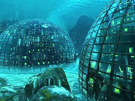 Under Water Permanent Habitats.  #UnderwaterHomes  #UnderSeaHomes  #Domes City Collage, Lost City Of Atlantis, Underwater City, Under The Water, City Drawing, City Illustration, Fantasy Places, Collage Illustration, Futuristic City