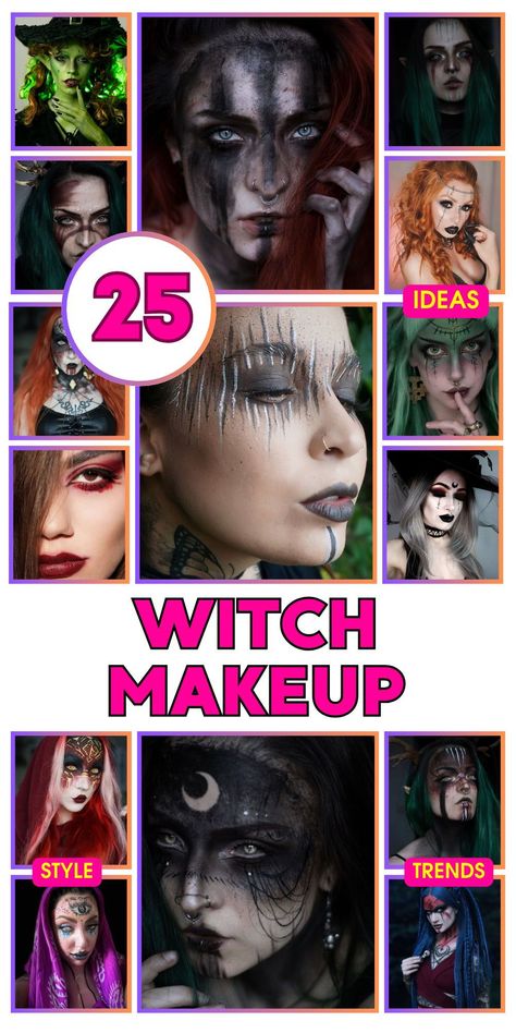 Discover the magic of witch makeup with ideas that range from easy to elaborate. For Halloween, dark and spooky styles are always a hit. Tutorials can help you achieve a pretty, gothic look with black and purple shades. Kids will love simple, green witch makeup ideas. For a unique twist, try incorporating vintage or voodoo elements. Whether you prefer a glam or simple style, witch makeup can transform you into a beautiful, mystical character. Diy Witches Makeup, Creepy Witch Makeup Halloween, Mystical Witch Makeup, Witch Face Makeup Halloween, Dark Goddess Makeup Halloween, Midevil Witch Makeup, Dark Witch Makeup Halloween Easy, Scary Witch Costume Ideas, Witch Faces For Halloween