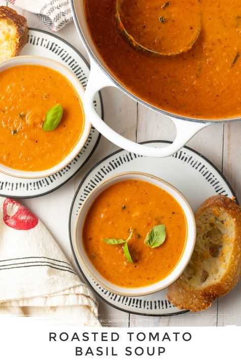 Creamy Roasted Tomato Soup with Basil -This creamy tomato soup recipe features roasted tomatoes, fresh basil, and heavy cream for an incredibly rich and satisfying soup. #creamytomatosoup #tomatobasil #tomatosoup #roastedtomatosoup #thebesttomatosoup #aspicyperspective Creamy Roasted Tomato Soup, Savory Soup Recipes, Soup With Basil, Creamy Tomato Soup Recipe, Tomato Basil Soup Recipe, Vegan Tomato Soup, Roasted Tomato Basil Soup, Perfect Grilled Cheese, Fresh Tomato Recipes