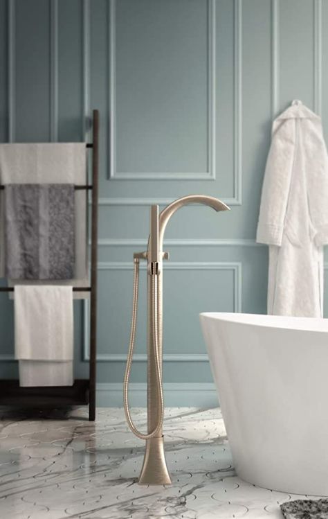 Moen 695BN Voss Collection One Handle Freestanding Floor Mount Tub Filler with Handshower, Brushed Nickel - - Amazon.com Free Standing Tub Faucet Wall Mount, Floor Mounted Tub Filler, Free Standing Tub Faucet, Tub Filler Freestanding, Primary Bed, Moen Bathroom Faucets, Floor Mount Tub Filler, Smart Faucet, Bathtub Faucets