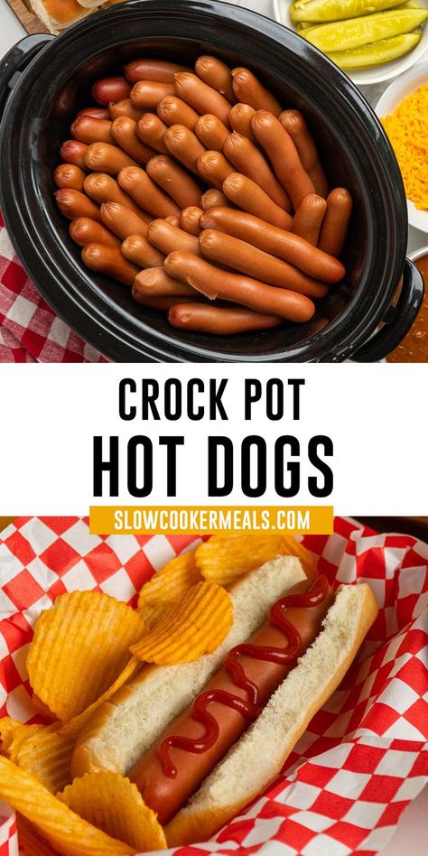 Hot dogs in a crock pot and on a bun with ketchup Crock Pot Hot Dogs, Ground Beef Crockpot Recipes, Crockpot Pot Roast, Making Hot Dogs, Hot Dogs Recipes, Slow Cooker Meals, Dinner Sandwiches, Crockpot Recipes Beef, Hot Dog Recipes