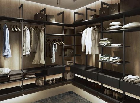 Like the hardware detail Industrial Walk In Wardrobe, Open Walk In Wardrobe, Contemporary Walk In Closet Design, Black Walk In Wardrobe, Open Plan Wardrobe Ideas, Industrial Wardrobe Ideas, Box Room Walk In Wardrobe Ideas, Moody Walk In Closet, Walking Wardrobe Design