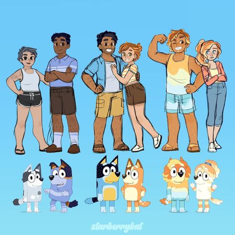 Kat/Kitkat | I also wanted to draw the adult members of the heeler family but I ran out of steam and didn’t feel like cleaning up the sketchiness, so… | Instagram Bluey Humans, Bluey Human Fanart, Bluey Characters As Humans, Bluey As Humans, Bluey Drawings, Bluey Bandit, Bingo Funny, Cartoon Characters As Humans, Family Drawing