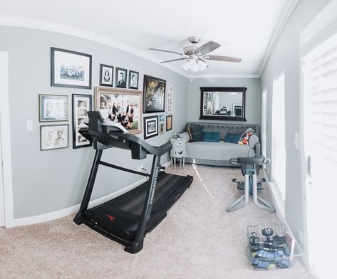 Happiness is a Guest Room That’s also an Exercise Room Small Home Gym Guest Room, Bedroom Exercise Room, Guest Room Workout Room, Spare Room Gym Guest Bedrooms, Bedroom Gym Combo, Gym And Bedroom Combo, Spare Bedroom Exercise Room, Guest Workout Room Combo, Fitness And Guest Room