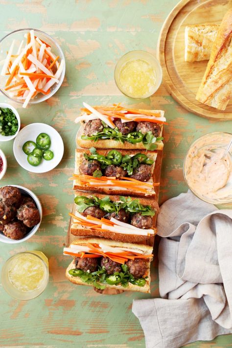 Spicy Meatball Banh Mi Sandwiches - The Candid Appetite Spicy Meatball, Banh Mi Sandwich, Spicy Meatballs, Meatball Sandwich, Hot Chili Sauce, Ground Sirloin, Pickled Carrots, Delicious Lunch, Dinner This Week