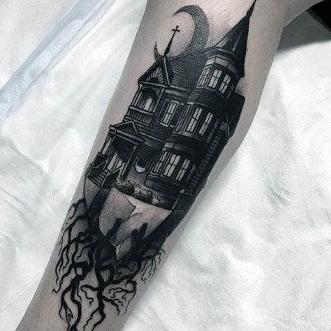 60 Haunted House Tattoo Designs For Men – Spooky Spot Ink Ideas Haunted House Tattoo, Rip Tattoos For Mom, Siren Tattoo, Feminine Skull Tattoos, House Tattoo, Castle Tattoo, Baba Jaga, Feminine Tattoo Sleeves, Creepy Tattoos