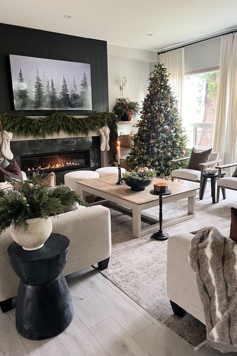 3 Christmas Trees Together, 3 Christmas Trees, Black Christmas Decorations, Cozy Christmas Decor, Neutral Christmas Decor, House Arch Design, Living Room Design Inspiration, Christmas Interiors, Winter Wonderland Christmas