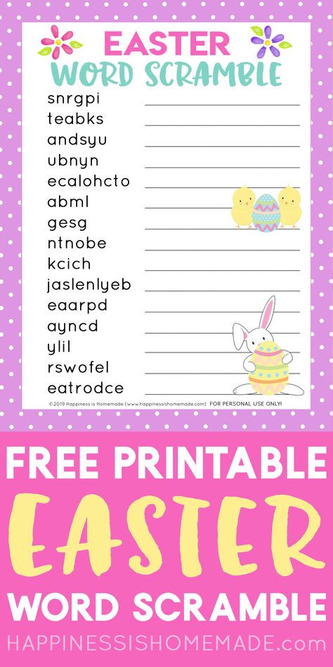 Easter Word Scramble: This free printable Easter Word Scramble puzzle is lots of fun for kids and adults alike! A fun Easter party game to play with guests of all ages! Great for class parties! Easter Scattergories Free, Easter Group Activities, Easter Trivia Games Free Printable, Easter Activities For Seniors, Egg Hunt For Adults, Joy Activities, Easter Activities For Adults, Adult Easter Games, Easter Word Scramble