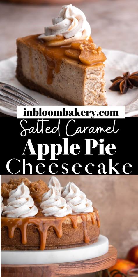 This is the best apple pie cheesecake! It is a spiced, creamy cheesecake over a cinnamon graham cracker crust, topped with apple pie filling, salted caramel sauce and a crunchy crumb topping. It's the ultimate fall indulgence you should absolutely indulge in this season! Autumn Bakes, Cinnamon Graham Cracker Crust, The Best Apple Pie, Apple Pie Cheesecake, Salted Caramel Apple Pie, Church Fellowship, Yummy Cheesecake, Thanksgiving Entertaining, Best Apple Pie