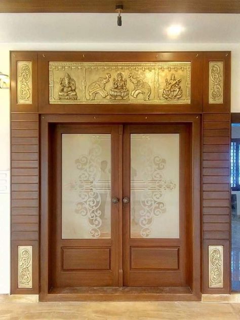 Puja Door Design Modern, Pooja Room Door Design Glass And Wood, Main Door Design Entrance Indian Traditional, Pooja Room Door Design Modern, Teak Wood Main Door Design Entrance Indian, Pooja Room Double Door Designs, Main Door Design Photos, Pooja Door Design, Glass Door Design