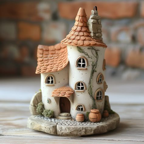 Made with durable clay, these miniature houses are resistant to breakage and chipping. Mini Clay House, Coil Clay Projects, Clay House Ideas, Stuff To Make With Clay, Clay Project Ideas, Clay City, House Sculpture, Gingerbread House Patterns, Tiny Garden Ideas