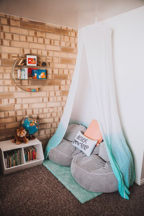 Dearest Lou: Reading Nook for Z with Pillowfort Reading Nook Kids, Diy Accent Wall, Bookshelves Kids, Reading Nooks, Kids Room Ideas, Playroom Ideas, Family Room Design, Reading Corner, Cozy Reading Nook