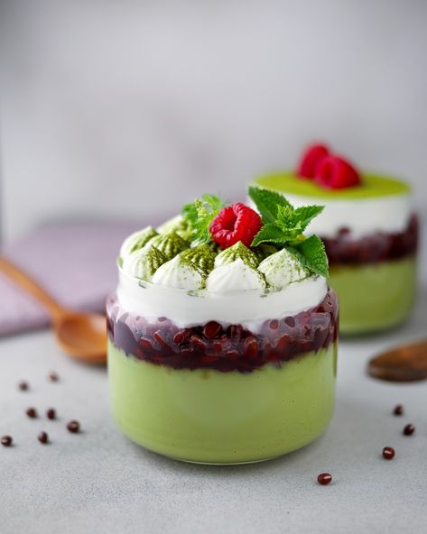 Matcha Pot de Crèmes with candied Adzuki beans and whipped cream topping Matcha Red Bean, Whipped Cream Topping, Cherry Compote, Japanese Desserts, Adzuki Beans, Matcha Recipe, Cherry Desserts, Red Kidney Bean, Japanese Dessert