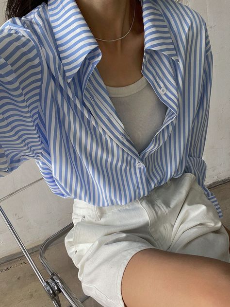 Loose Casual Striped Women Shirt Blue Casual  Long Sleeve Woven Fabric Striped Shirt Non-Stretch  Women Clothing, size features are:Bust: ,Length: ,Sleeve Length: Striped Blue Shirt Outfit, Blue Striped Button Down Shirt Outfit, Blue Striped Shirt Outfit, Casual Long Sleeve Shirts, Casual Stripes, Womens Long Sleeve Shirts, Shoulder Shirts, Look Cool, Striped Shirt