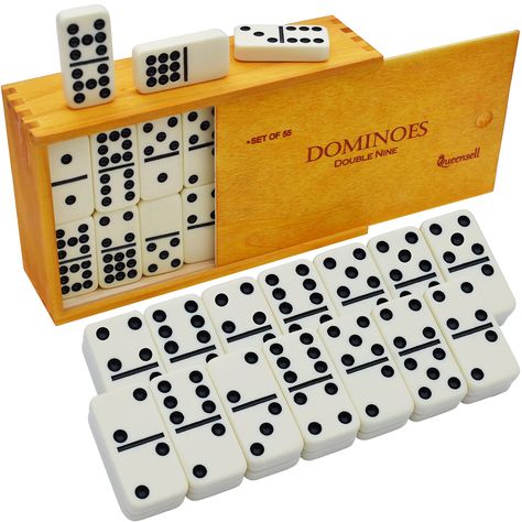 PRICES MAY VARY. [Toys games for family]: Dominoes set for adults, for Families and Kids Ages 9 and up, valentines day gifts for him, includes 55 dominoes tiles classic black dotted ivory color dominos set with brown wood case. Double 9 dominoes set is numbered on a standard system, marked blank or with 1-9 recessed dots on both ends as is typical in a classic dominos game [Highest quality]: The dominoes double 9 features durable and sturdy tiles with indented and well-painted dots that won’t fa Dominos Set, Dominos Game, Mexican Train Dominoes, Tiles Game, Domino Set, Domino Games, Tile Games, Dominoes Set, Classic Table