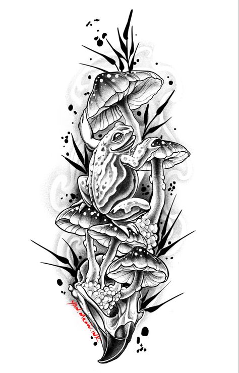 Mushroom Tattoos Sleeve, Tattoo Design Drawings Mushroom, Mushroom And Skull Tattoo, Mushroom Tattoo Drawing, Mushroom Leg Sleeve Tattoo, Neo Trad Mushroom, Realism Mushroom Tattoo, Frog With Mushroom Tattoo, Toad Stool Tattoo