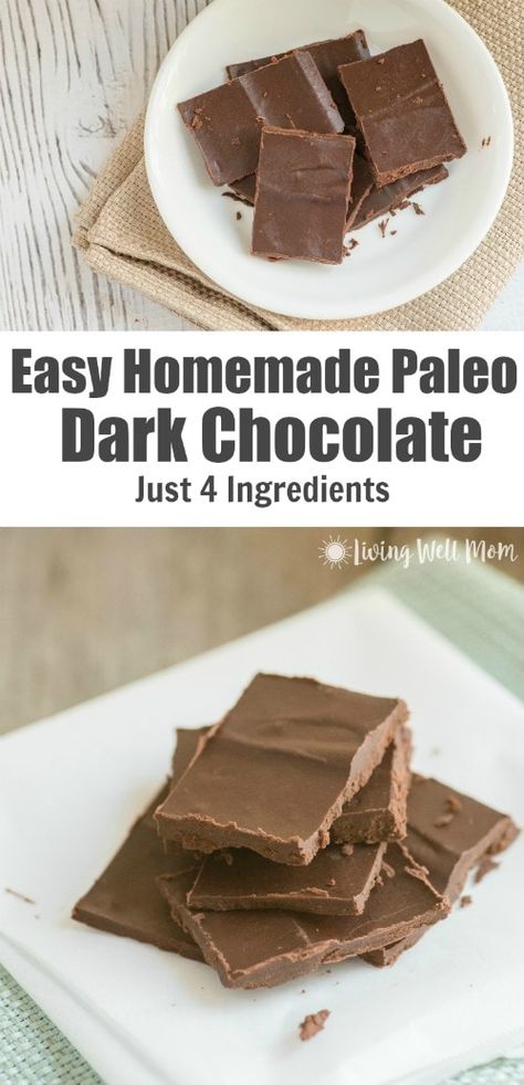 Trying to eat healthier? Try this simple recipe for Homemade Paleo Dark Chocolate. With just 4 simple ingredients, it's inexpensive, very easy to make, and delicious! With no dairy, soy, or refined-sugar that's found in regular chocolate from the store, this homemade version is perfect. Homemade Dark Chocolate, Dark Chocolate Recipes, Cacao Recipes, Postre Keto, Paleo Baking, Paleo Sweets, Paleo Chocolate, Paleo Treats, Desserts Vegan