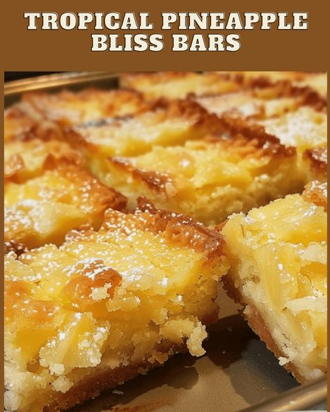 Pineapple Pie Bars, Pineapple Chewy Bars, Pineapple Baked Goods, Pineapple And Coconut Recipes, Pineapple Coconut Bars, Easy Tropical Desserts, Tropical Pineapple Bliss Bars, Pineapple Bliss Bars, Pineapple Bliss Bars Recipe