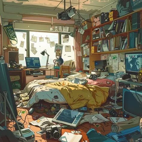 ↑↑↑ Larger size on website 🔸 The image depicts a messy bedroom with a large window, a bed with a yellow blanket, and a desk with  🔸 From Midjourney AI Image Messy Room Reference, Garage Drawing, Cluttered Bedroom, Messy Bedroom, Yellow Blanket, Dirty Room, Yellow Blankets, Large Bookcase, Messy Room