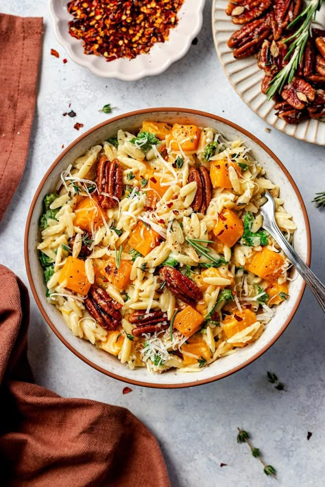 Butternut Squash Orzo Butternut Squash Orzo, Squash Orzo, Rosemary Pecans, Orzo Dishes, Butternut Squash Kale, Easy Skillet Chicken, Creamy Orzo, Slow Cooker Pasta, Vegetarian Main Dishes