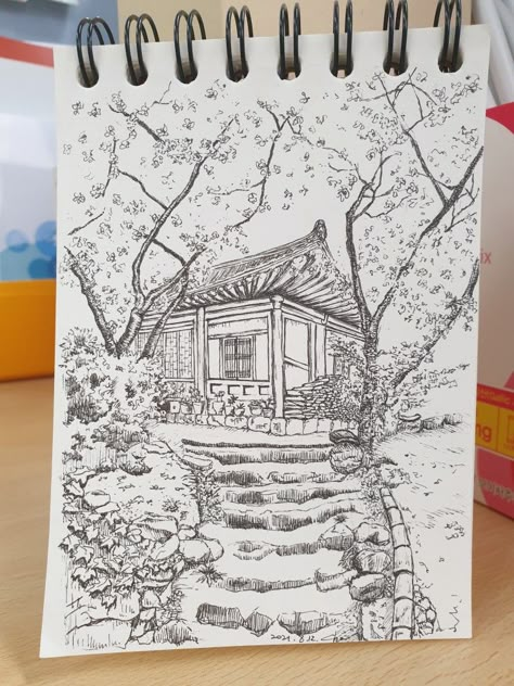 Korean Hanok House Drawing, Hanok Drawings, Korean Landscape Drawing, Korean Traditional House Drawing, Korean Building Drawing, Korean Garden, Sketching Architecture, Ideas For Sketchbook, Korean Traditional House