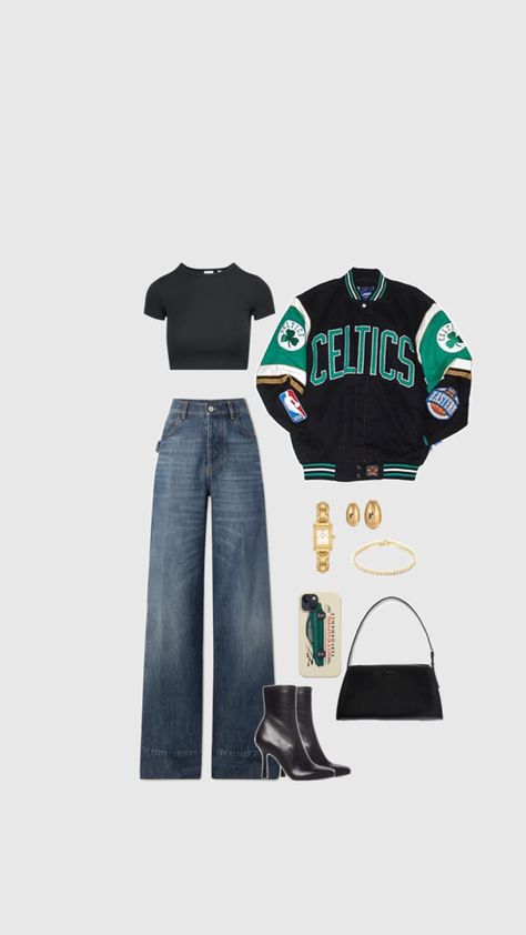 Rock this stylish outfit at the Celtics game! Stay on-trend while representing your team. If you're loving this look, hit that like button and follow for more basketball game day outfit ideas! 🏀☘️ #BostonCeltics #GameDayFashion #BasketballStyle Celtics Game Outfit, Basketball Game Day Outfit, Celtics Outfit, Boston Celtics Outfit, Basketball Game Outfit Women, Celtics Game, Basketball Game Outfit, Boston Outfits, Gameday Fashion