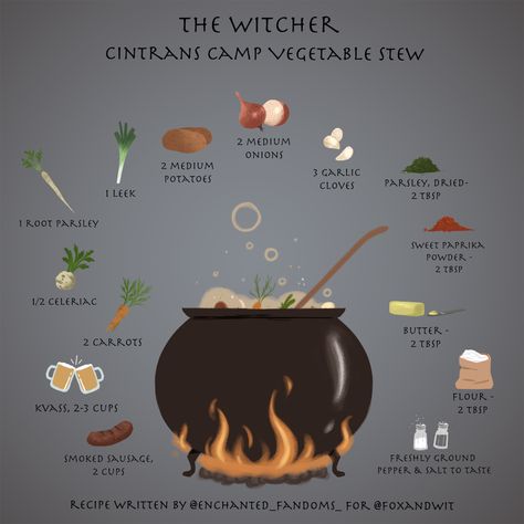 Fox & Wit has collaborated with  Jess at Enchanted Fandoms  to bring you fun bookish inspired recipes every month. If you try any of these recipes, please feel free to share on Instagram and tag us at @foxandwit and @_enchanted_fandoms. illustration by @angelaanimates Ingredients: smoked sausage - 2 cupskvass - 2-3 The Witcher Food Recipes, Dnd Inspired Recipes, Witcher Food Recipes, The Witcher Food, Book Inspired Recipes, Witcher Recipes, Larp Recipes, Mabon Recipes Dinner, Witchy Food Recipes