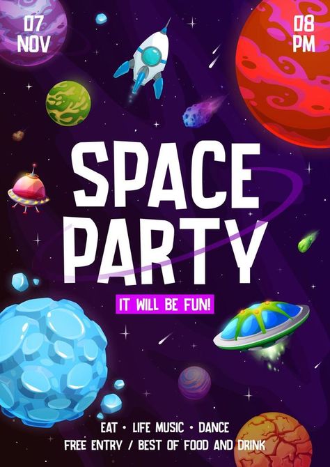 Kids space party flyer, cartoon galaxy landscape Space Poster Design, Galaxy Cartoon, Galaxy Landscape, Cartoon Galaxy, Poster Design Kids, Pop Up Restaurant, Concert Flyer, Galaxy Poster, Galaxy Theme