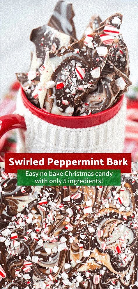 Swirled peppermint bark is even easier to make than regular peppermint bark because you mix it all at one time! Use white chocolate chips, peppermint extract, semi-sweet chocolate chips, and crushed candy canes to create a beautiful no bake christmas bark to include on your cookie platter! Easily double the recipe for a larger batch! #peppermintbark #swirledpeppermintbark #christmasnobake Xmas Bark, White Chocolate Peppermint Bark, No Bake Christmas, Christmas Bark Recipes, Peppermint Bark Recipes, Christmas Candy Easy, Christmas Bark, Chocolate Peppermint Bark, Easy Holiday Treats