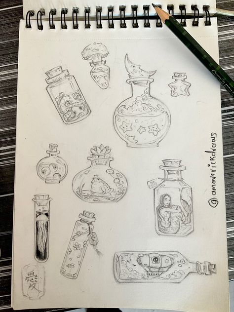 #sketchbook #sketchbookdrawing #conceptart #magic #witchcraft #witchythings #mermaid Magic Sketches Ideas, Magic Spell Book Drawing, Spell Bottle Drawing, Potion Sketch, Magic Potion Bottles Drawing, Magical Sketches, Spell Book Drawing, Potions Drawing, Witchcraft Drawing