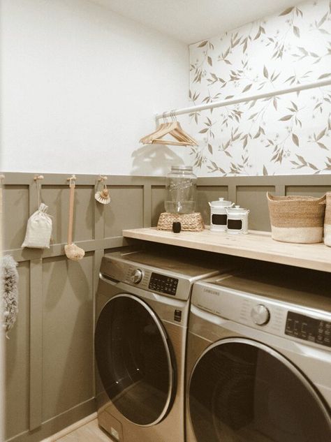 Batten And Wallpaper, Room With Board And Batten, Board And Batten And Wallpaper, Butcher Block Laundry Room, Add Board And Batten, Butcher Block Shelves, Dream Laundry Room, Butcher Block Counter, Upstairs Hallway