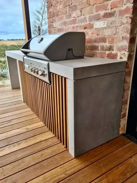 Outdoor Concrete Kitchen, Concrete Bbq, Bbq Areas, Concrete Outdoor Kitchen, Architectural Concrete, Outdoor Bbq Area, Outdoor Barbeque, Timber Battens, Outdoor Kitchen Cabinets