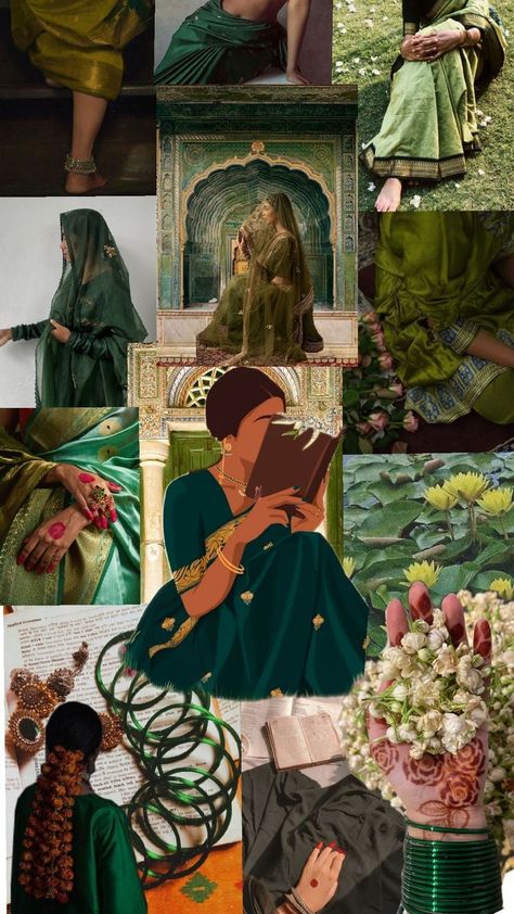 Collage Moodboard, Aesthetic Moodboard, Green Saree, Indian Aesthetic, Green Aesthetic, Beauty Accessories, Desi, Mood Board, Collage