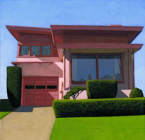 Leah Giberson, Suburb House, Modern Home Exterior, Retro Homes, 80s Modern, Daly City, Mid Century Architecture, Home Exterior, Pink House