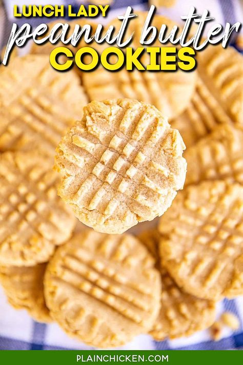 Lunch Lady Peanut Butter Cookies – easy and delicious cookie recipe from your childhood school cafeteria. Crispy on the outside and soft on the inside. All you need is a glass of milk and you are set! Butter, peanut butter, sugar, brown sugar, eggs, vanilla, instant dry milk, flour, salt, and baking soda. Can freeze the cookie dough for a quick treat later! Makes a lot of cookies – great for parties and bake sales. Cafeteria Peanut Butter Cookies, Mound Cookies, Peanut Butter Cookies Easy, Plain Chicken Recipe, Jif Peanut Butter, Coconut Oil Chocolate, Butter Cookies Easy, Cafeteria Food, Classic Peanut Butter Cookies