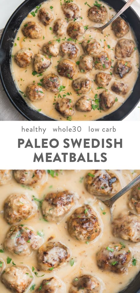 These paleo Swedish meatballs are so comforting and savory, served with a creamy Swedish meatballs sauce and lingonberry jam, with a Whole30 option. Based on an authentic recipe, this healthy take on Swedish meatballs is paleo, Whole30, gluten free, low carb, and keto friendly! Not only that, they're quite easy, and that creamy, dairy-free gravy is to die for! #paleo #whole30 via @ Swedish Meatballs Sauce, Healthy Swedish Meatballs, Paleo Swedish Meatballs, Creamy Swedish Meatballs, Meatballs Paleo, Meatballs Sauce, Lingonberry Jam, Paleo Diet Food List, Paleo Menu