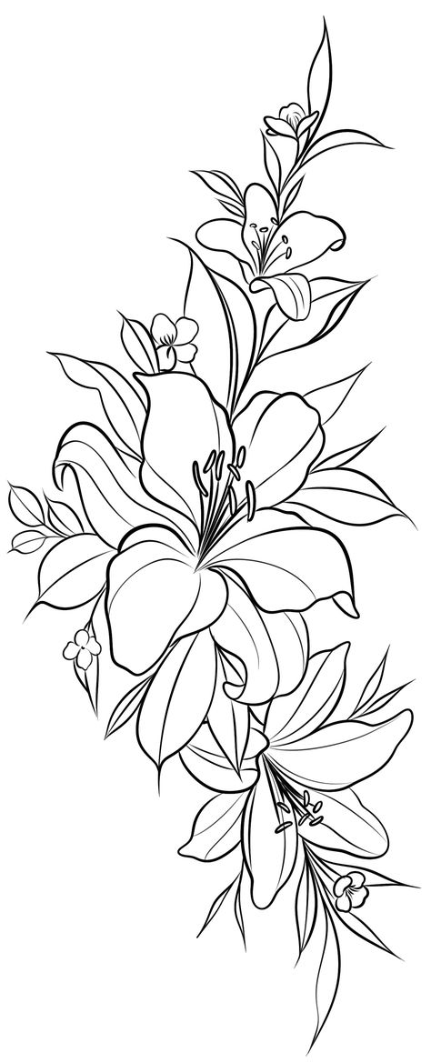 Lillies Tattoo Stencil, Thigh Tattoos Women Outline, Hip Tattoos Women Stencil, Tattoo Ideas Female Stencil, Tatto Designs, Tattoo Stencil Designs, Lotusblume Tattoo, Lillies Tattoo, Tattoo Outline Drawing