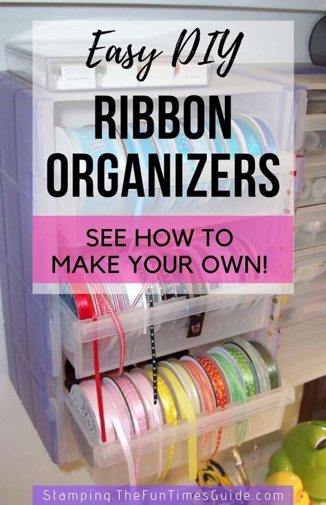 See my 1 favorite storebought ribbon organizer + 9 easy DIY ribbon organizers you can make yourself! #ribbons #bows #ribbonorganization #diyorganizers #organizing #christmaswrap #giftwrap #wrappinggifts Storage For Ribbon Organizing Ideas, Ribbon Holders Organizing, Organizing Ribbon In Craft Room, Craft Ribbon Organization, Store Ribbon Organizing Ideas, Craft Ideas Using Ribbons, Organize Ribbon Rolls, Diy Ribbon Organization Ideas, How To Organize Ribbon Rolls