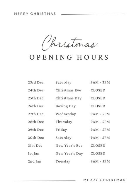 Christmas Opening Hours, Christmas Week, Holiday Hours, White Minimalist, Christmas Poster, Opening Hours, Canva Templates, Free Christmas, Poster Template