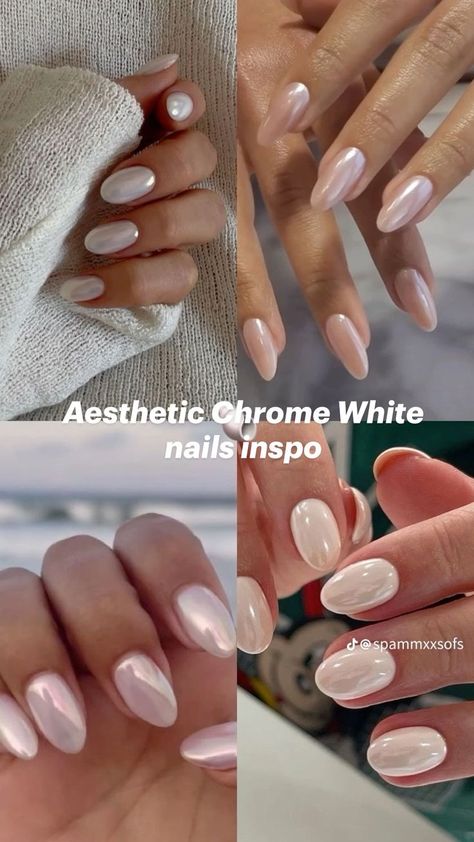 Milky Chrome Almond Nails, Marshmallow Chrome Nails, White Chrome Nail Designs, Pale Chrome Nails, Milky White Nails Chrome, White Chrome Nails Almond, White Chrome Almond Nails, Cream Chrome Nails, White Pearl Chrome Nails