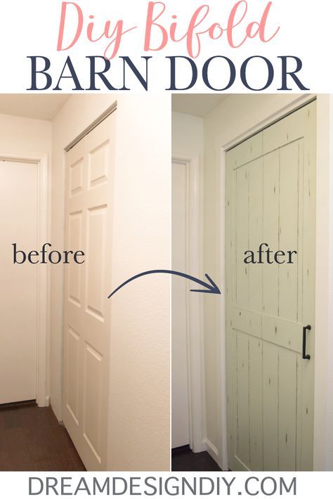 For $15 easily turn a bifold door into a barn door by adding a sheet of plywood. Great ideas for a bedroom, kitchen, hall, linen or laundry room closet or pantry. It adds a modern farmhouse style to the space. Add decorative door hardware to further enhance it’s character. #barndoor #farmhouse #closet #bifolddoor #diy Farmhouse Closet, Bifold Door, Bifold Barn Doors, Laundry Room Doors, Laundry Room Closet, Closet Door, Room Closet, Diy Farmhouse Decor, Farmhouse Style Kitchen