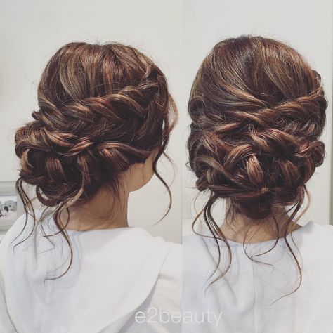 Bride Hair Low Bun With Braid, Bridesmaids Hairstyles For Long Hair Updo, Low Messy Bun Wedding Hair Bridesmaid Side Braids, Bride Hairstyles Updo Thick Hair, Bridal Hair Braided Updo, Wedding Hair Braids Updo, Bridal Hair With Braid Updo, Wedding Up Hairstyles Up Dos, Loose Prom Updo