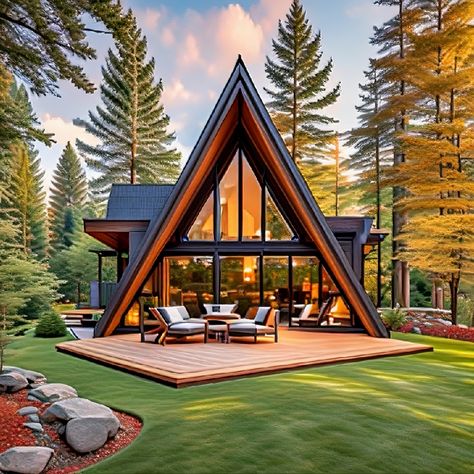 Small A-Frame House Models in Nature A Frame House With Garage Underneath, A Frame Modular Home, A Shape House, Modern A Frame House, A Frame Interior, A Frame Floor Plans, A Frame House Interior, Small A Frame, Lodge Exterior