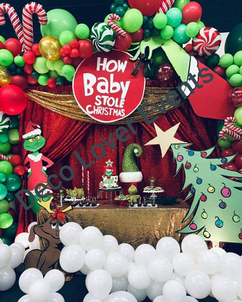 The Littlest Who Is Coming To Whoville, The Grinch Backdrop, Grinch Baby Gender Reveal, Grinch Theme Birthday Cake, Grinch Theme Gender Reveal Ideas, The Grinch Gender Reveal Ideas, Grinch First Birthday Photoshoot, 1st Birthday Party Ideas December, Whoville Gender Reveal